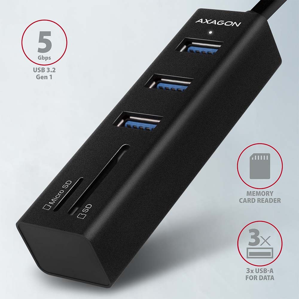AXAGON hub USB-A / HMA-CR3A / USB 3.2 Gen1 / 3x USB-A / MicroSD/SD / kovové tělo / 0,2m