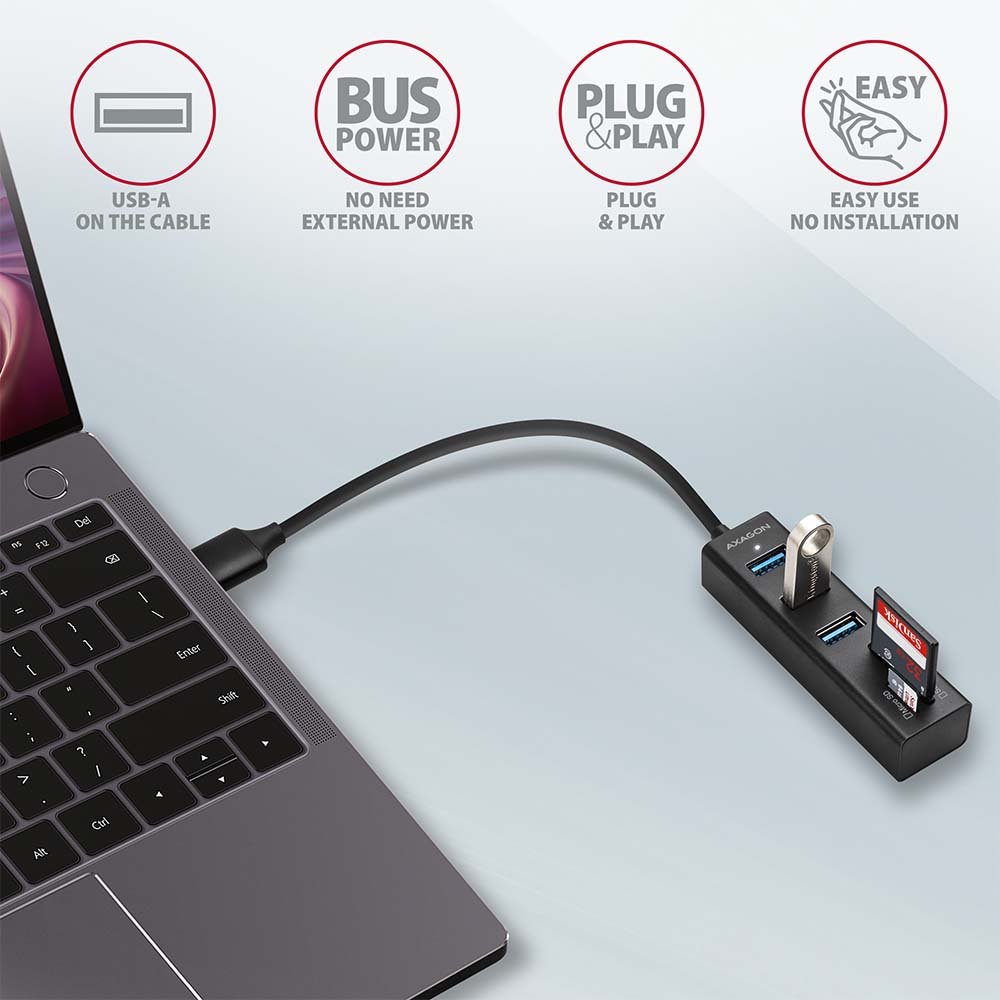AXAGON hub USB-A / HMA-CR3A / USB 3.2 Gen1 / 3x USB-A / MicroSD/SD / kovové tělo / 0,2m