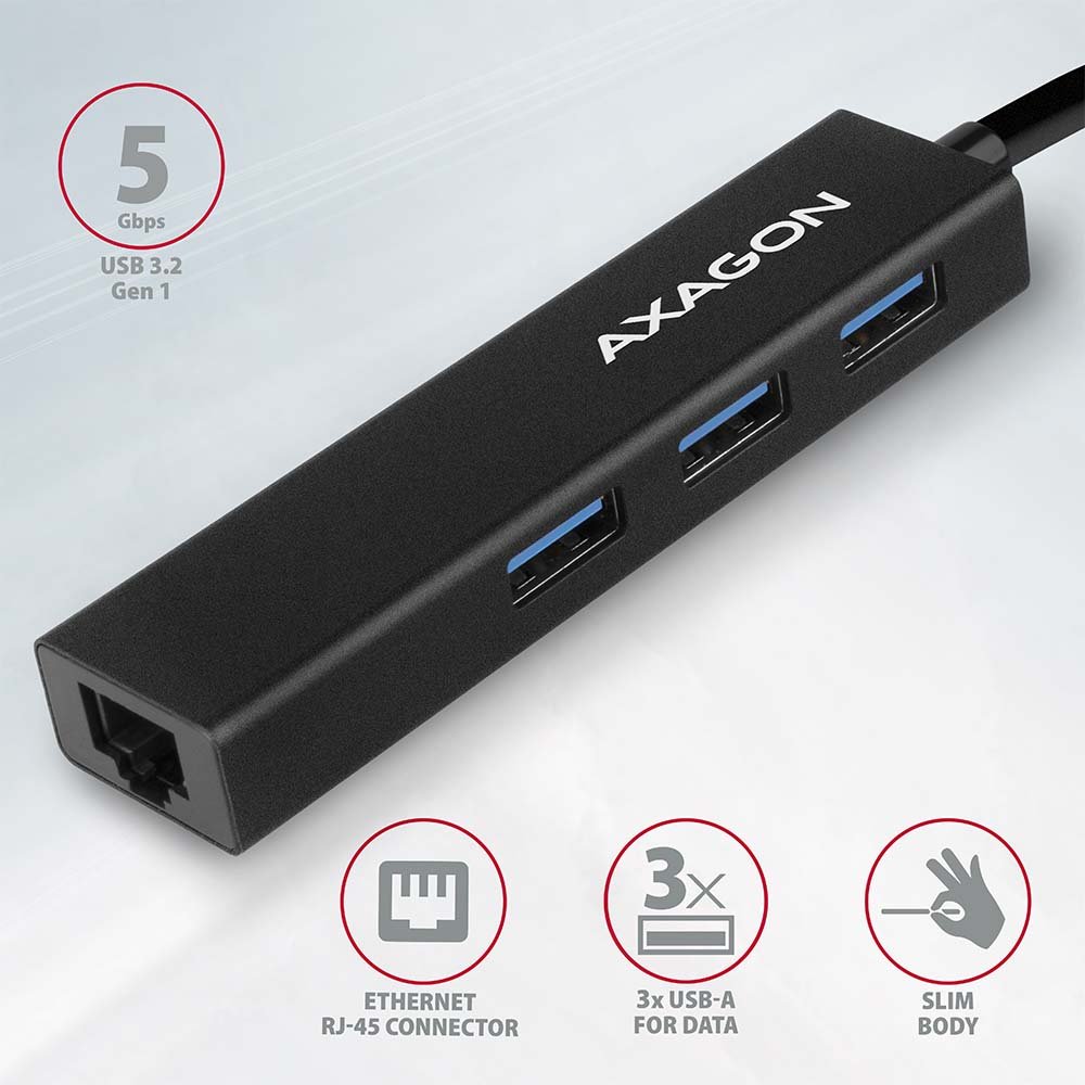 AXAGON hub USB-A / HMA-GL3A / USB 3.2 Gen1 / 3x USB-A / GLAN / kovové tělo / 0,2m
