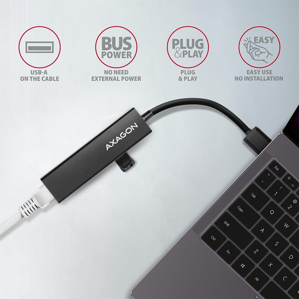AXAGON hub USB-A / HMA-GL3A / USB 3.2 Gen1 / 3x USB-A / GLAN / kovové tělo / 0,2m