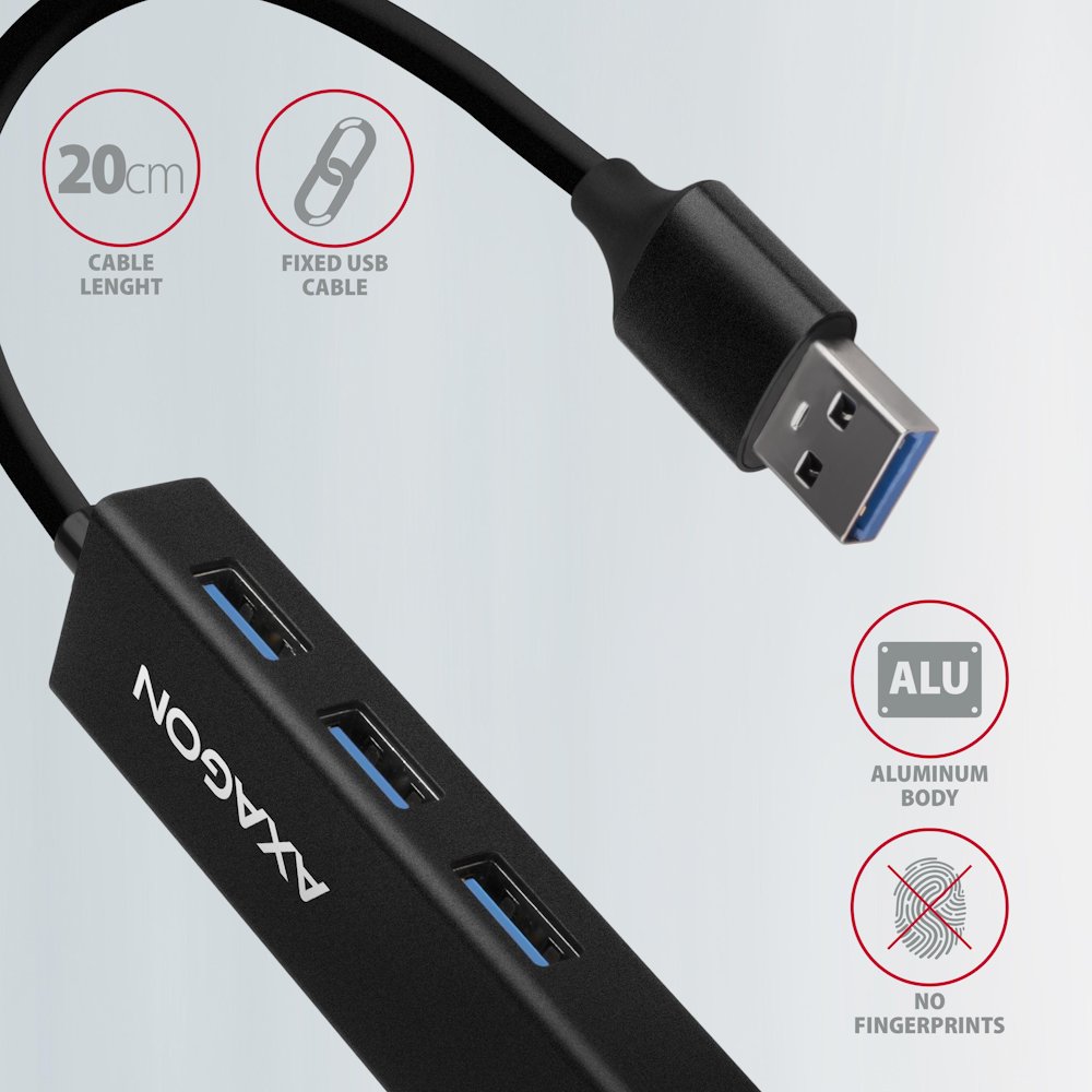 AXAGON hub USB-A / HMA-GL3A / USB 3.2 Gen1 / 3x USB-A / GLAN / kovové tělo / 0,2m