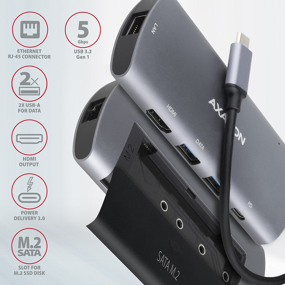 AXAGON hub USB-C / HMC-6M2 / USB 3.2 Gen1 / 2x USB-A / HDMI / GLAN / SATA M.2 / 100W PD / 0,1m