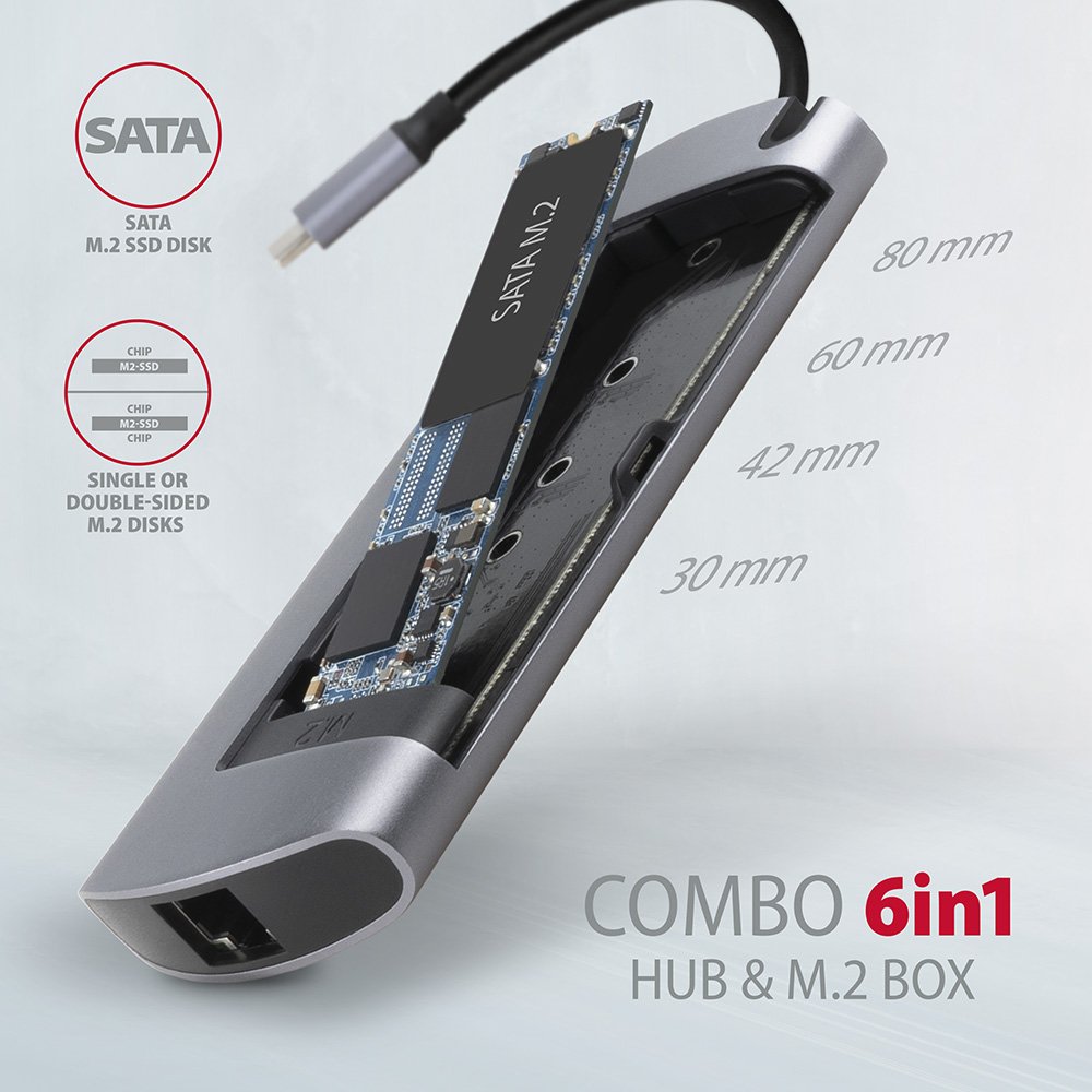 AXAGON hub USB-C / HMC-6M2 / USB 3.2 Gen1 / 2x USB-A / HDMI / GLAN / SATA M.2 / 100W PD / 0,1m