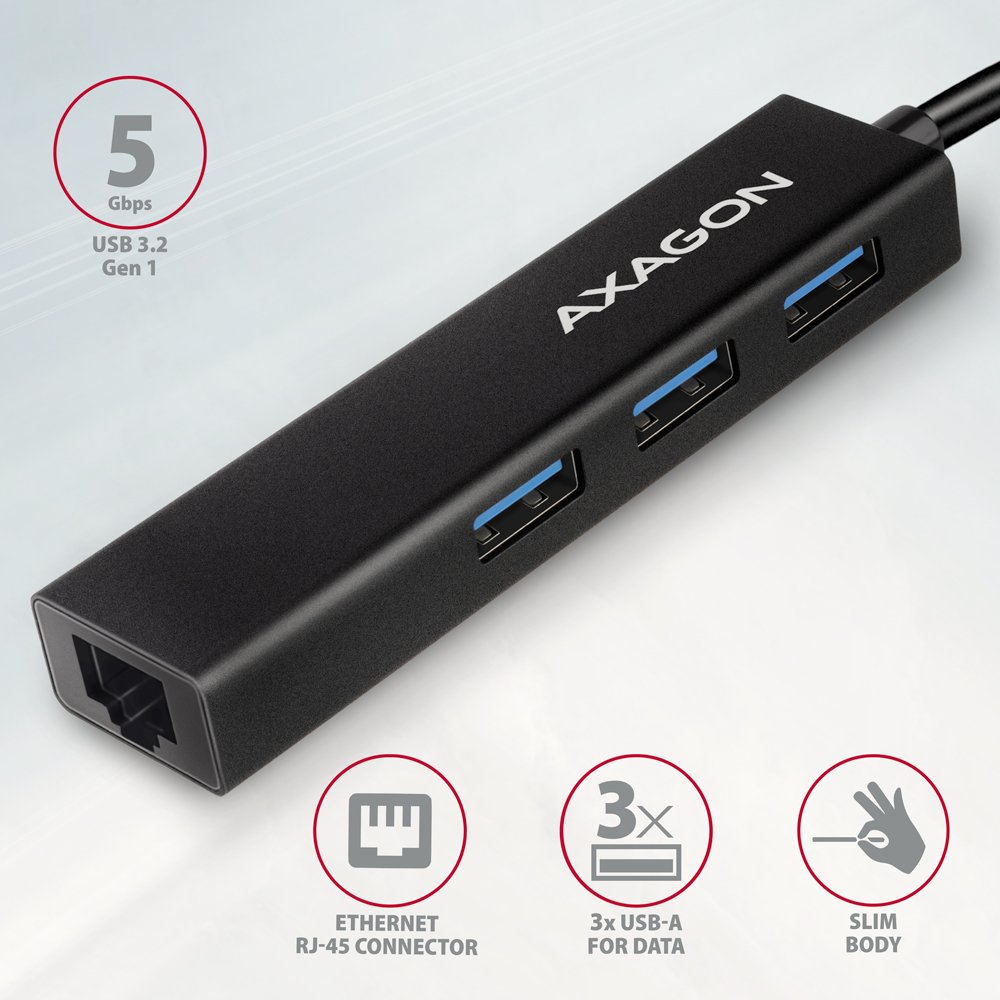 AXAGON hub USB-C / HMC-GL3A / USB 3.2 Gen1 / 3x USB-A / GLAN / kovové tělo / 0,2m