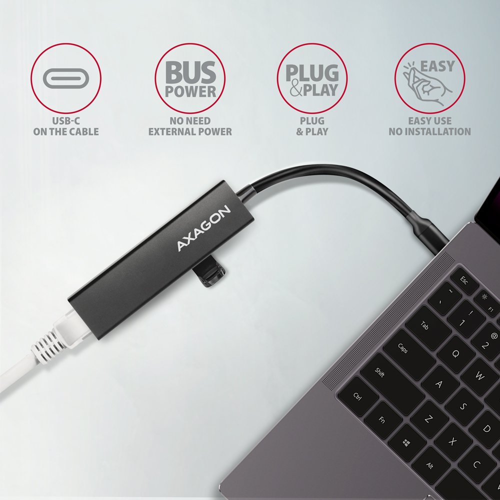 AXAGON hub USB-C / HMC-GL3A / USB 3.2 Gen1 / 3x USB-A / GLAN / kovové tělo / 0,2m