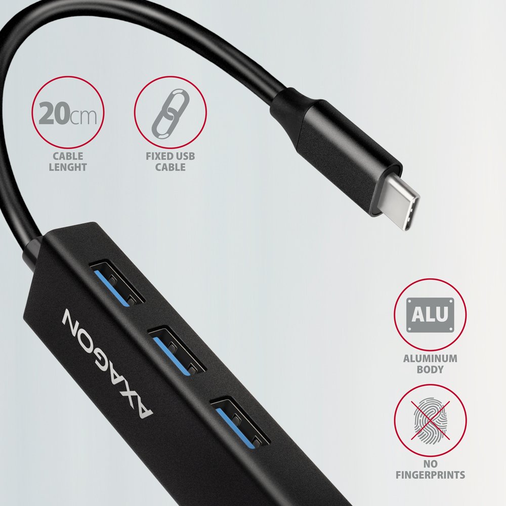 AXAGON hub USB-C / HMC-GL3A / USB 3.2 Gen1 / 3x USB-A / GLAN / kovové tělo / 0,2m