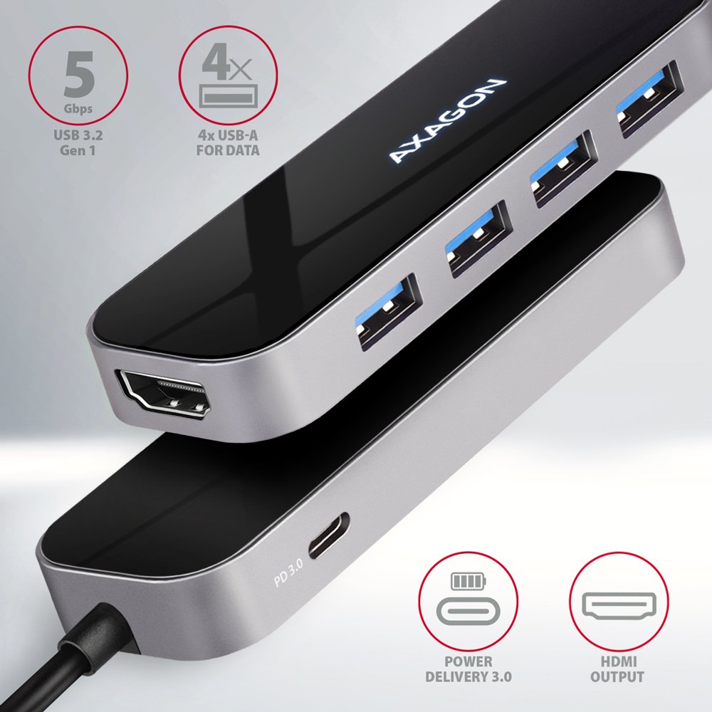 AXAGON hub USB-C 6v1 / HMC-6H4A / USB 3.2 Gen1 / 4x USB-A / HDMI / PowerDelivery / kovové tělo / 0,2m