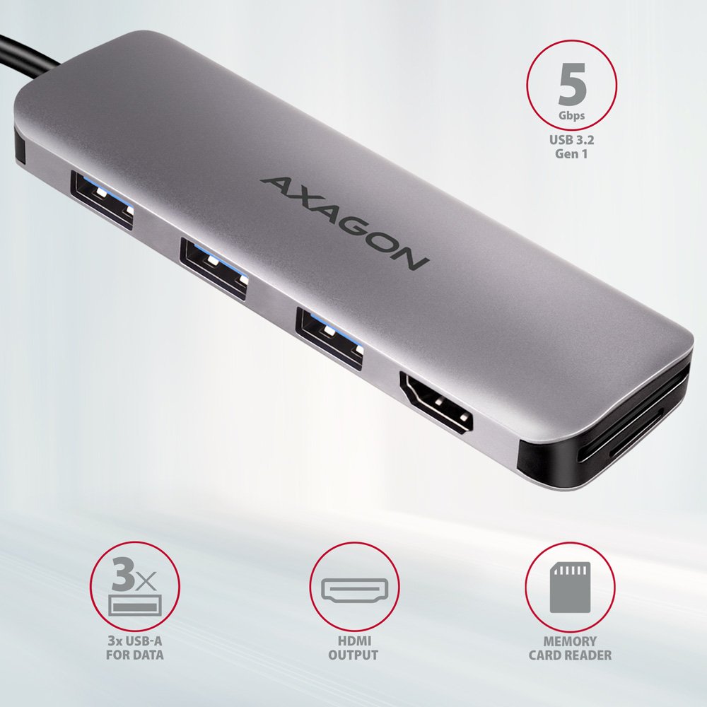 AXAGON hub USB-C 5v1 / HMC-HCR3A / USB 3.2 Gen1 / 3x USB-A / HDMI / MicroSD/SD / kovové tělo / 0,2m