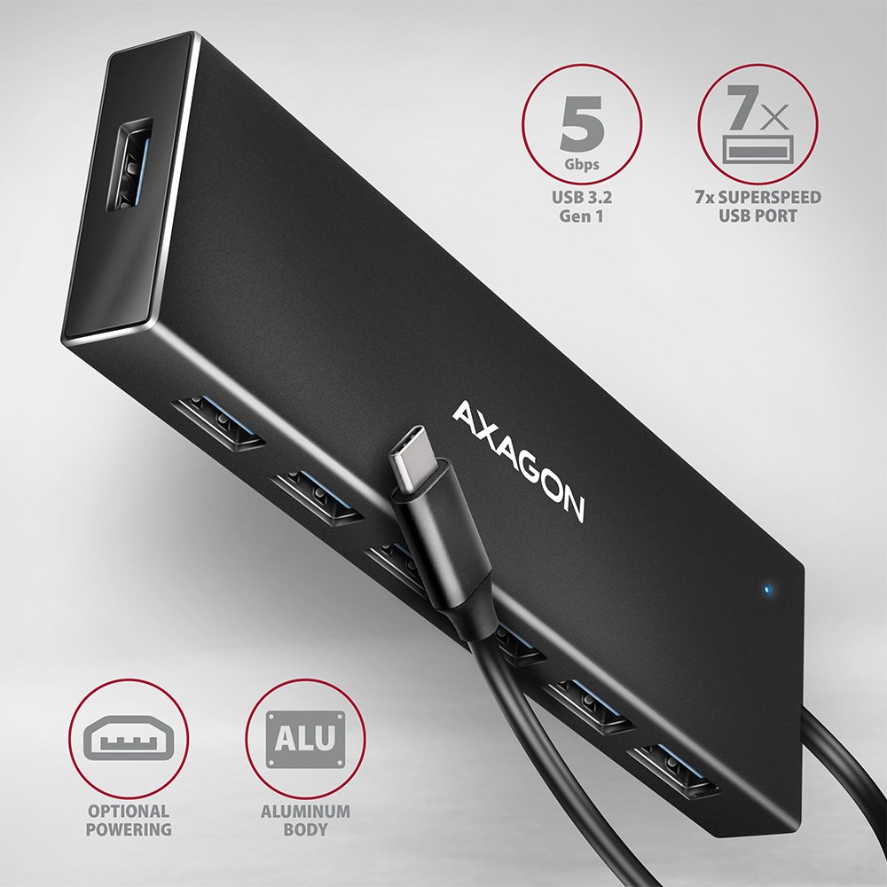 AXAGON hub USB-C / HUE-F7A / USB 3.2 Gen1 / 7x USB-A / hliníkové tělo / 0,3m