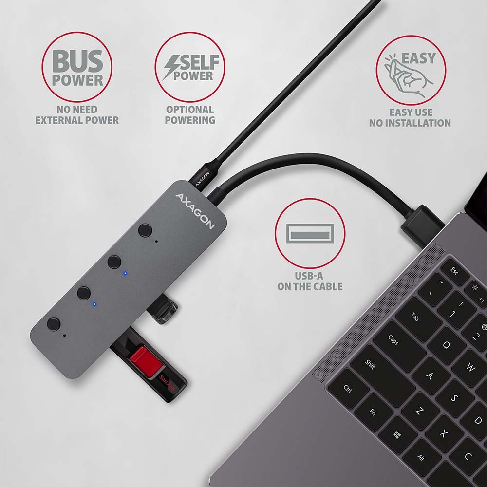 AXAGON hub USB-A s možností vypnutí konektorů / HUE-MSA / USB 3.2 Gen1 / 4x USB-A / hliníkové tělo / 0,2m