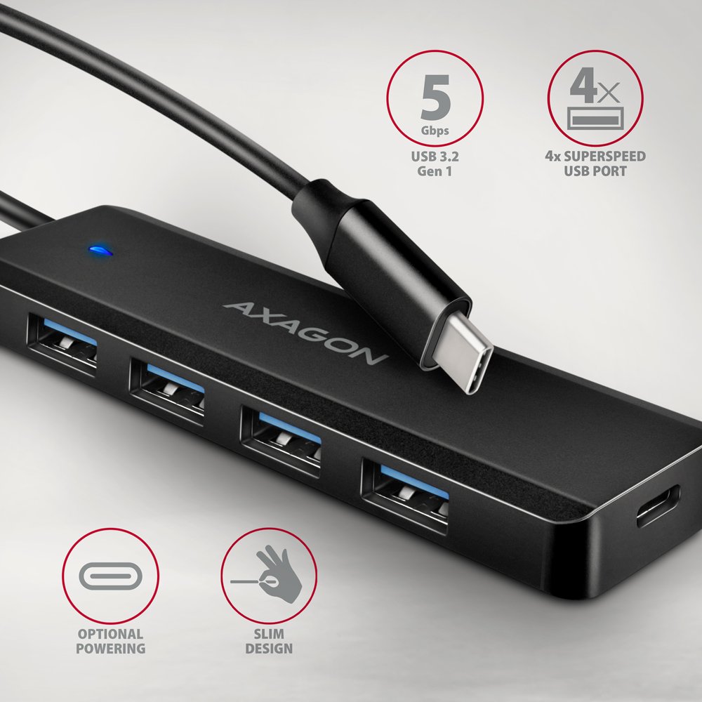 AXAGON cestovní hub USB-C / HUE-C1C / USB 3.2 Gen1 / 4x USB-A / 1x USB-C / 0,19m