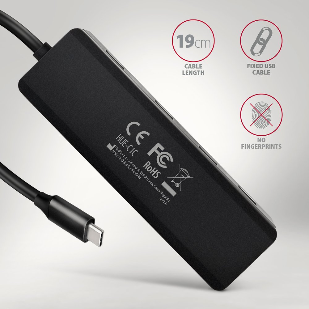 AXAGON cestovní hub USB-C / HUE-C1C / USB 3.2 Gen1 / 4x USB-A / 1x USB-C / 0,19m