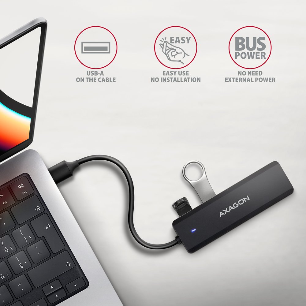 AXAGON cestovní hub USB-A / HUE-C1A / USB 3.2 Gen1 / 4x USB-A / 1x USB-C / 0,19m