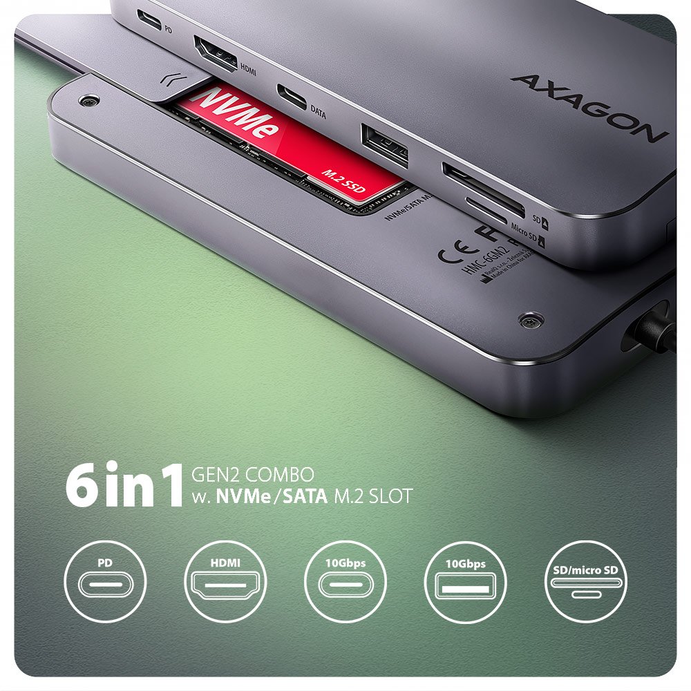 AXAGON multi portový hub USB-C / HMC-6GM2 / USB 3.2 Gen1 / 1x PD / 1x HDMI / 1x USB-C / 1x USB-A / SD/micro SD / 1x M.2