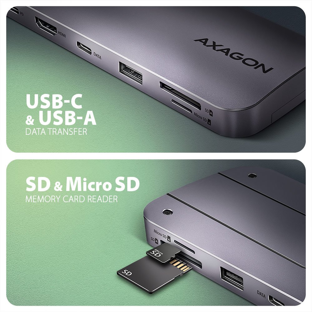 AXAGON multi portový hub USB-C / HMC-6GM2 / USB 3.2 Gen1 / 1x PD / 1x HDMI / 1x USB-C / 1x USB-A / SD/micro SD / 1x M.2