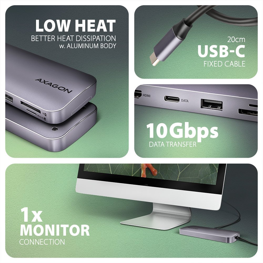 AXAGON multi portový hub USB-C / HMC-6GM2 / USB 3.2 Gen1 / 1x PD / 1x HDMI / 1x USB-C / 1x USB-A / SD/micro SD / 1x M.2