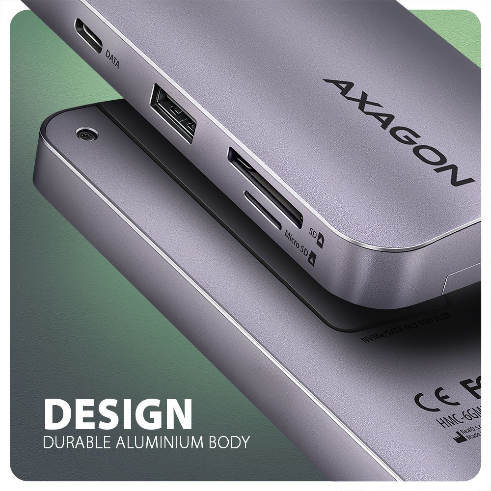 AXAGON multi portový hub USB-C / HMC-6GM2 / USB 3.2 Gen1 / 1x PD / 1x HDMI / 1x USB-C / 1x USB-A / SD/micro SD / 1x M.2