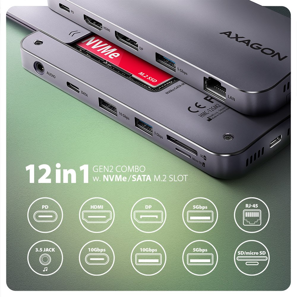 AXAGON multi hub USB-C / HMC-12GM2 / USB 3.2 Gen1 / 1x PD / 1x HDMI / 1x USB-C / 1x USB-A / SD/micro SD / 1x M.2 / RJ-45
