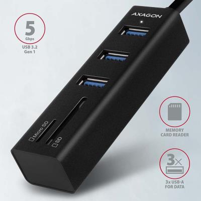 AXAGON hub USB-A / HMA-CR3A / USB 3.2 Gen1 / 3x USB-A / MicroSD/SD / kovové tělo / 0,2m