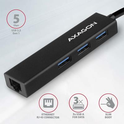 AXAGON hub USB-A / HMA-GL3A / USB 3.2 Gen1 / 3x USB-A / GLAN / kovové tělo / 0,2m