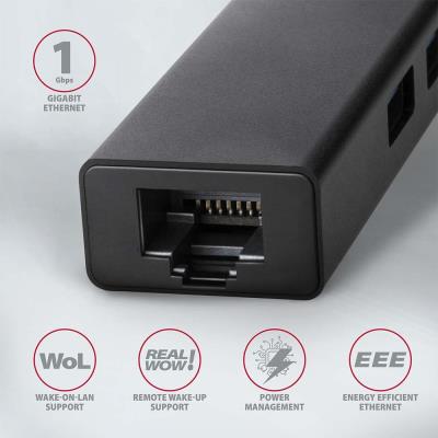 AXAGON hub USB-A / HMA-GL3A / USB 3.2 Gen1 / 3x USB-A / GLAN / kovové tělo / 0,2m