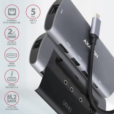 AXAGON hub USB-C / HMC-6M2 / USB 3.2 Gen1 / 2x USB-A / HDMI / GLAN / SATA M.2 / 100W PD / 0,1m