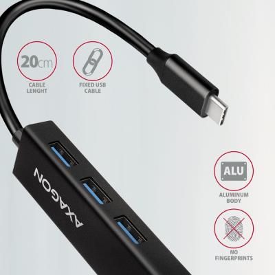 AXAGON hub USB-C / HMC-GL3A / USB 3.2 Gen1 / 3x USB-A / GLAN / kovové tělo / 0,2m