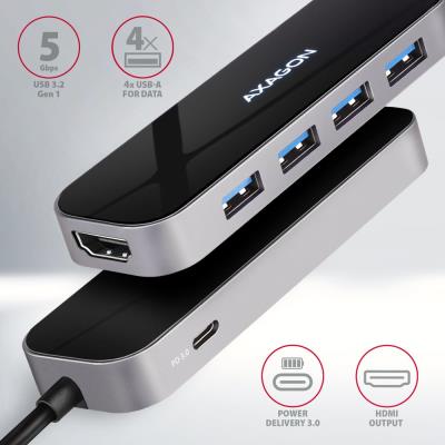 AXAGON hub USB-C 6v1 / HMC-6H4A / USB 3.2 Gen1 / 4x USB-A / HDMI / PowerDelivery / kovové tělo / 0,2m