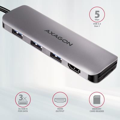 AXAGON hub USB-C 5v1 / HMC-HCR3A / USB 3.2 Gen1 / 3x USB-A / HDMI / MicroSD/SD / kovové tělo / 0,2m