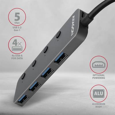 AXAGON hub USB-A s možností vypnutí konektorů / HUE-MSA / USB 3.2 Gen1 / 4x USB-A / hliníkové tělo / 0,2m