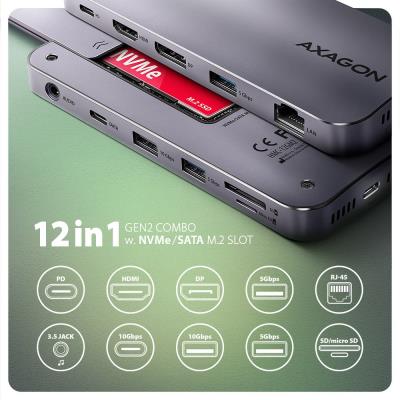 AXAGON multi hub USB-C / HMC-12GM2 / USB 3.2 Gen1 / 1x PD / 1x HDMI / 1x USB-C / 1x USB-A / SD/micro SD / 1x M.2 / RJ-45