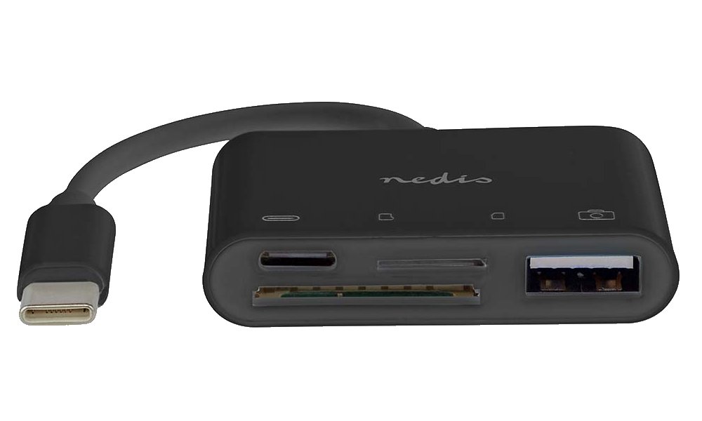 NEDIS USB hub/ 1x USB-C/ 1x USB-A/ 1x USB-C/ 4 porty port/ USB 2.0/ napájení z USB/ SD & MicroSD/ čerrný/ blistr