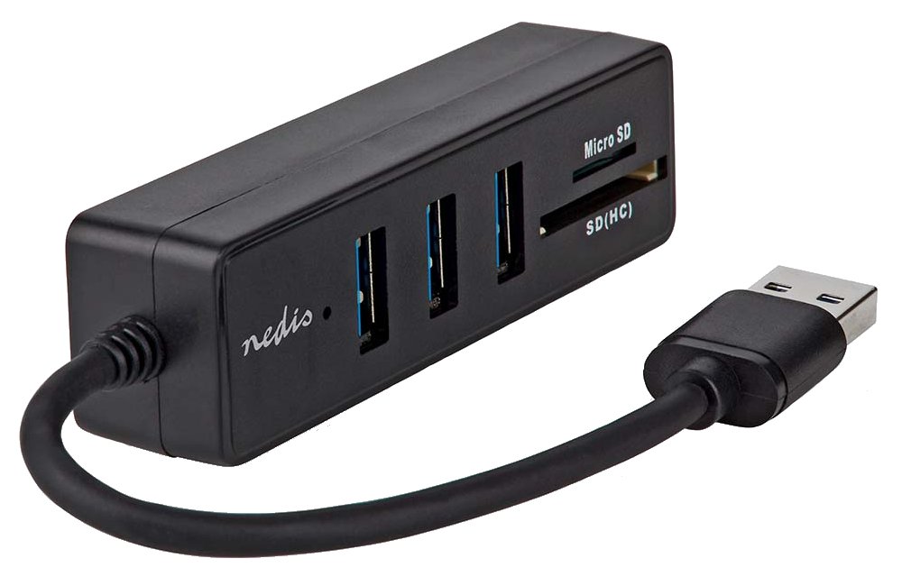 NEDIS USB hub/ zástrčka USB-A zástrčka/ 3x zásuvka USB-A/ 5 Portů/ USB 3.2 Gen 1/ 5 Gbps/ SD & MicroSD/ černý/ blistr