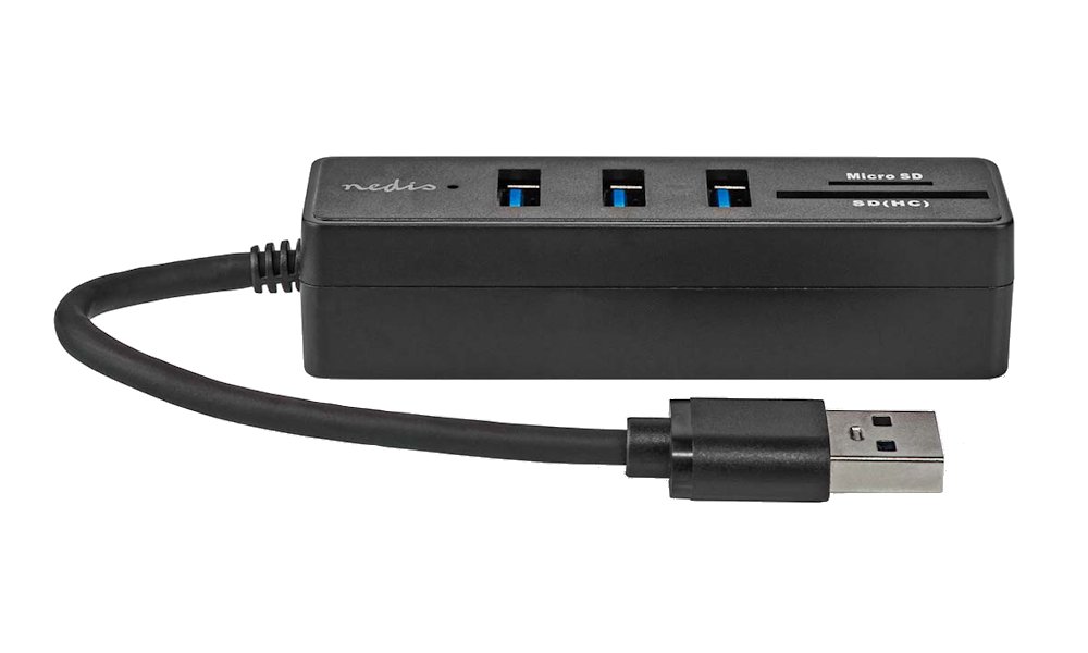 NEDIS USB hub/ zástrčka USB-A zástrčka/ 3x zásuvka USB-A/ 5 Portů/ USB 3.2 Gen 1/ 5 Gbps/ SD & MicroSD/ černý/ blistr