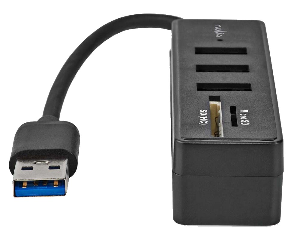 NEDIS USB hub/ zástrčka USB-A zástrčka/ 3x zásuvka USB-A/ 5 Portů/ USB 3.2 Gen 1/ 5 Gbps/ SD & MicroSD/ černý/ blistr