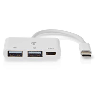 NEDIS USB hub/ 1x zástrčka USB-C/ 1x zásuvka USB-C/ 2x zásuvka USB-A/ 3 porty/napájení z USB/ bílý/ blistr