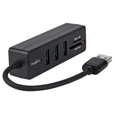 NEDIS USB hub/ zástrčka USB-A zástrčka/ 3x zásuvka USB-A/ 5 Portů/ USB 3.2 Gen 1/ 5 Gbps/ SD & MicroSD/ černý/ blistr