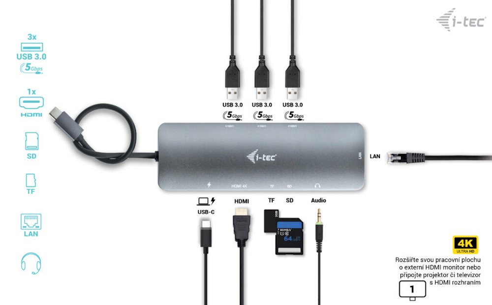 i-tec dokovací stanice USB-C Metal/ Nano Dock/ 4K UHD 3840×2160/ 3x USB 3.0/ HDMI/ LAN + Power Delivery 100 W