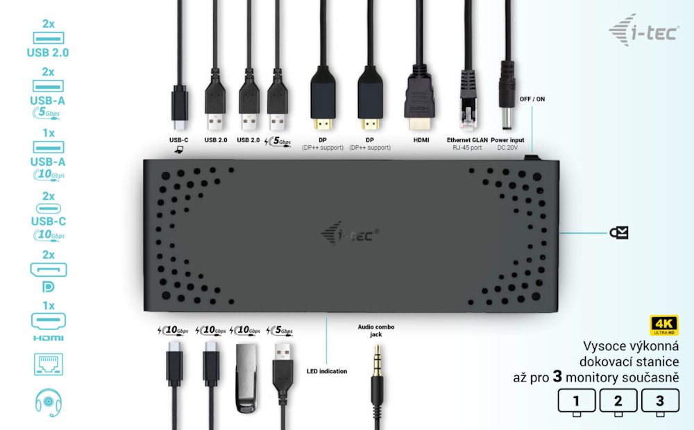 i-tec dokovací stanice Gen2 Thunderbolt 3/ Triple display/ 2x USB-A 3.2/ 2x USB 2.0/ 2x USB-C/ 2x DP/ HDMI/ LAN/ PD 100