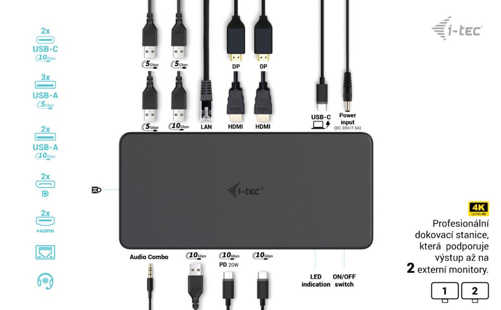 i-tec dokovací stanice Gen2 Thunderbolt 3/ 4K Dual display/ 4x USB 3.0/ 2x USB-C/ 2x DP/ 2x HDMI/ LAN/ PD 100