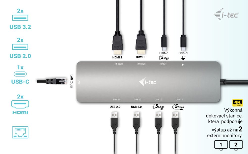 i-tec dokovací stanice USB-C Metal Nano/ 2x USB 3.2/ 2x USB 2.0/ 2x HDMI/ LAN/ Power Delivery 100W