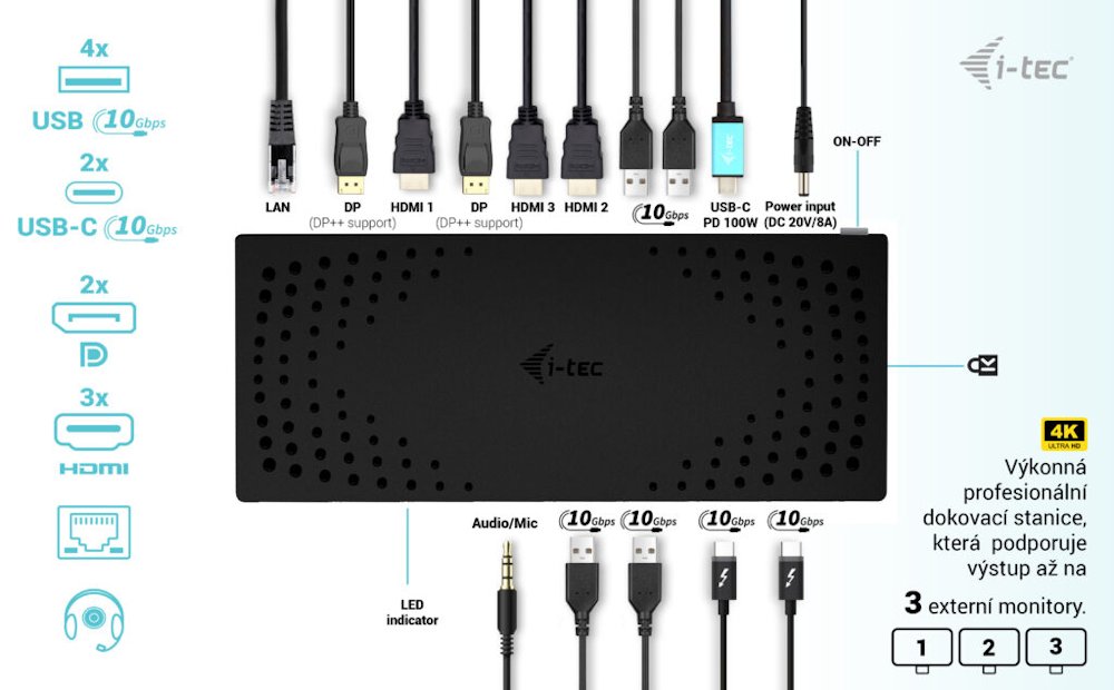 i-tec dokovací stanice Thunderbolt 4K/ USB 3.0/ 4x USB-A/ 2x USB-C/ 2x DP/ 3x HDMI/ LAN/ Power Delivery 100W