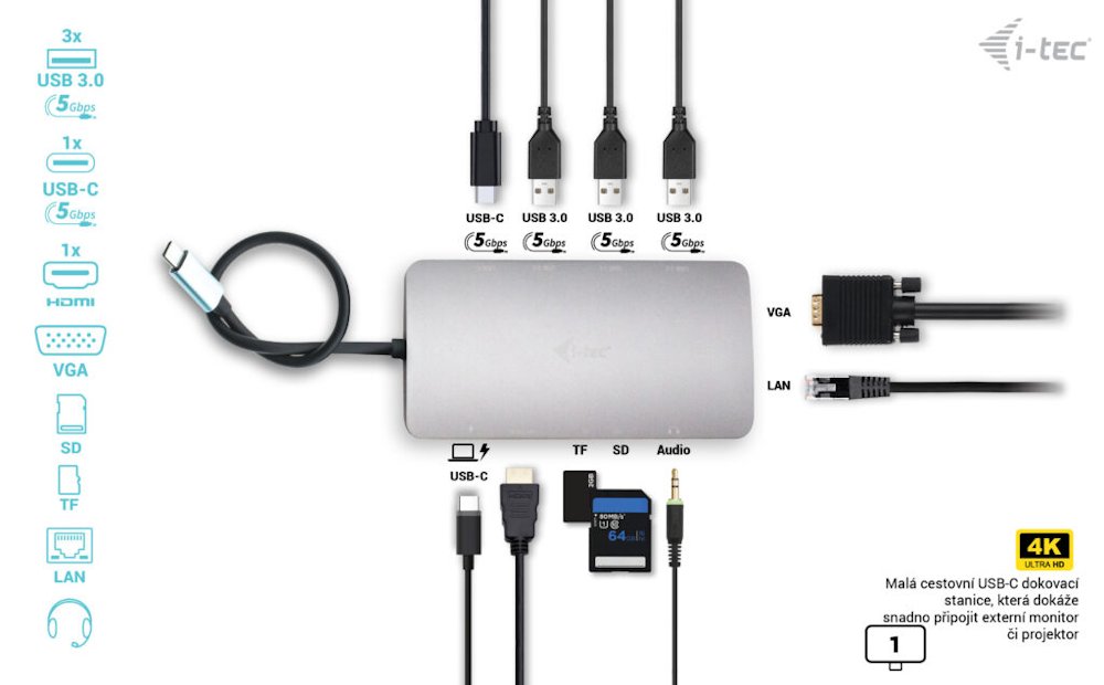 i-tec dokovací stanice USB-C/ HDMI/ VGA/ 3x USB 3.0/ USB-C/ Thunderbolt 3/ LAN/ Power Delivery 100W