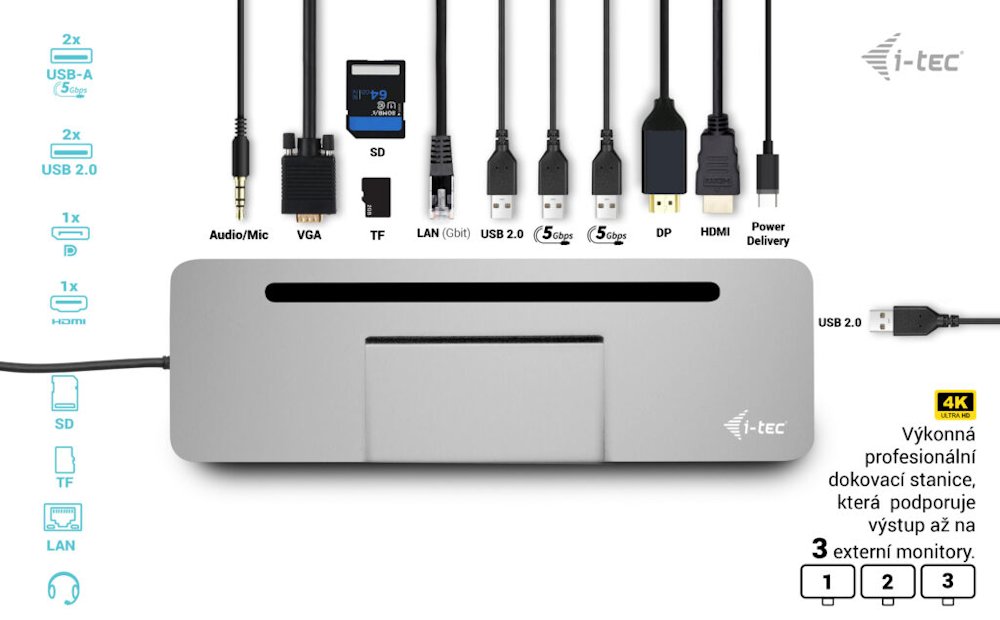 i-tec dokovací stanice USB-C/ 4K Triple Display/ DP/ HDMI/ VGA/ 2x USB 3.0/ 2x USB 2.0/ LAN/ Power Delivery 85W