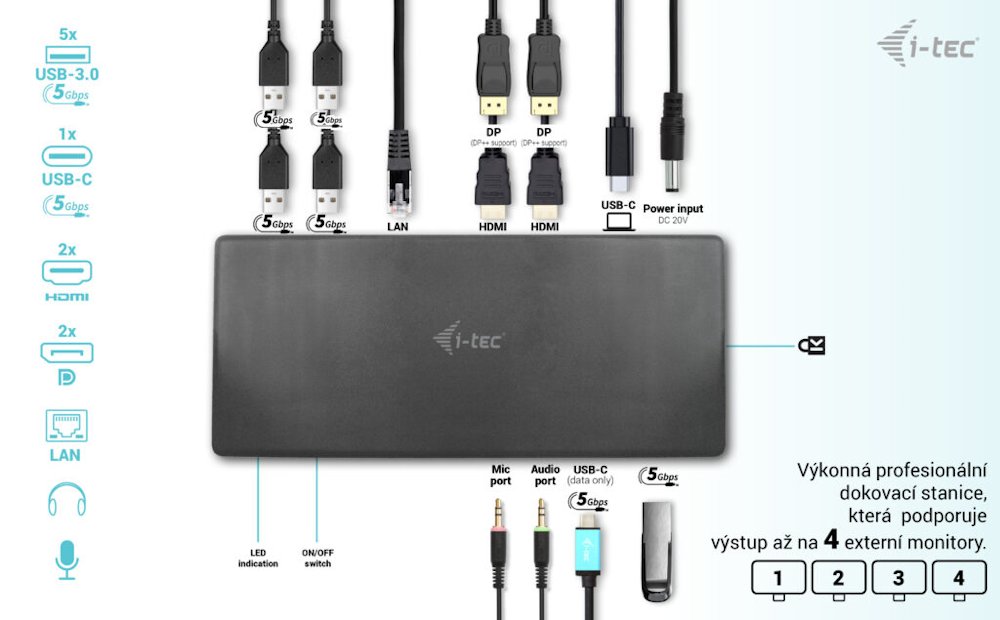 i-tec dokovací stanice USB-C Quattro Display/ 2x DP/ 2x HDMI/ 5x USB 3.0/ LAN/ Power Delivery 85W