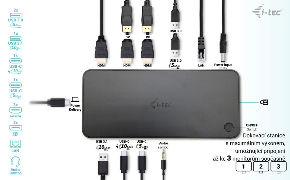i-tec dokovací stanice USB 3.0 / USB-C / Thunderbolt/ 4K/ 2x DP/ 3x HDMI/ 2x USB-C/ 2x USB 3.0/ USB 3.1/ LAN/ PD 100W