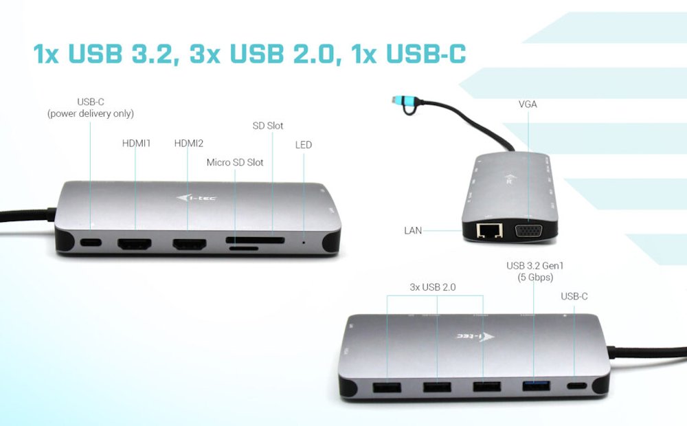 i-tec dokovací stanice USB 3.0/ USB-C/ TB/ USB-C 3.2/ 4x USB-A/ 2x HDMI/ VGA/ LAN/ micro SD/SD/ PD 100W