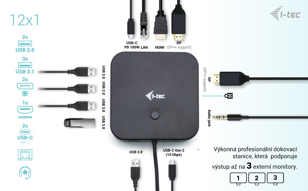 i-tec dokovací stanice/ 2x USB-C/ 2x USB 2.0/ 3x USB 3.0/ HDMI/ 2x DP/ LAN/ Power Delivery 100 W