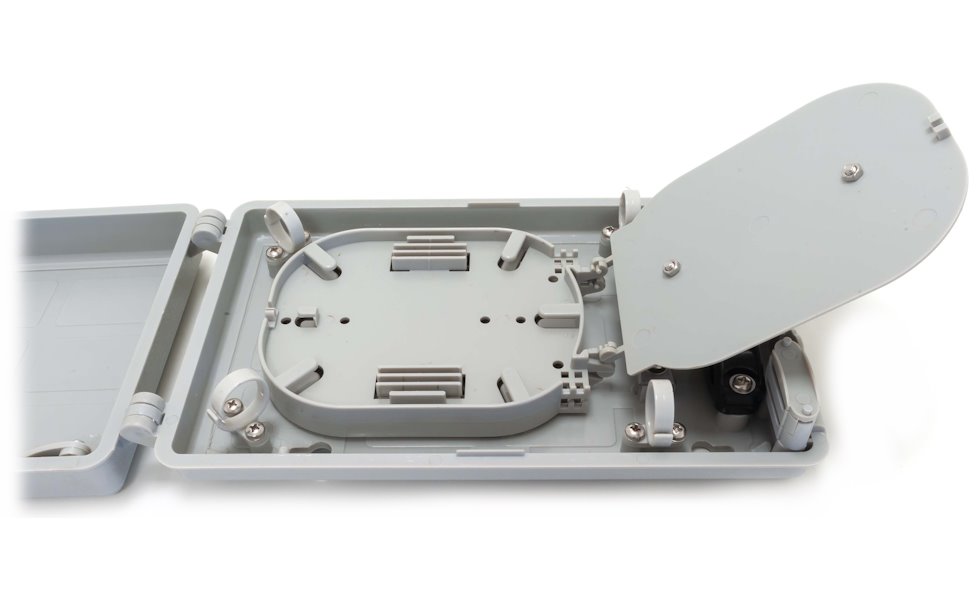 XtendLan plastový rozvaděč pro 12 svarů, 12 pigtailů, 2 kabelové porty, odklopná dvířka