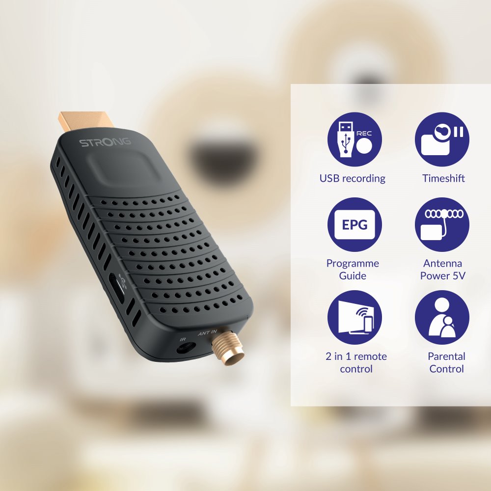STRONG DVB-T/T2 tuner HDMI stick SRT 84/ Full HD/ H.265/HEVC/ externí anténa/ EPG/ PVR/ HDMI/ USB/ micro USB/ IR/ černý